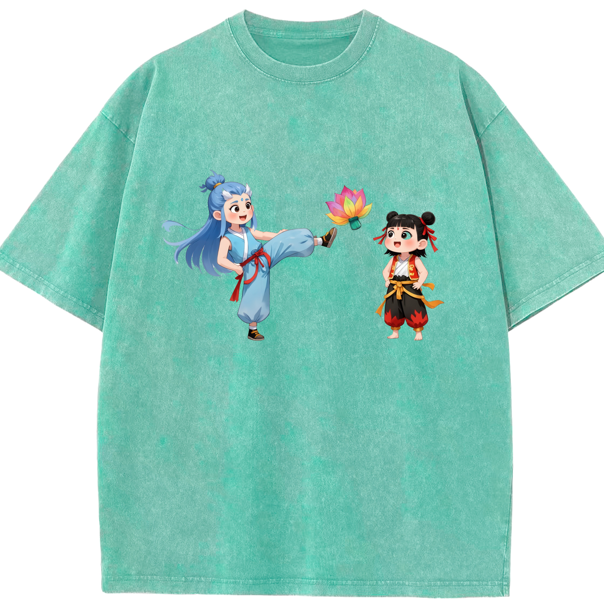 （画像用） Ne Zha 2 ナタ 魔童の大暴れ 綿100% ヴィンテージ風 半袖Tシャツ（フロントプリント）